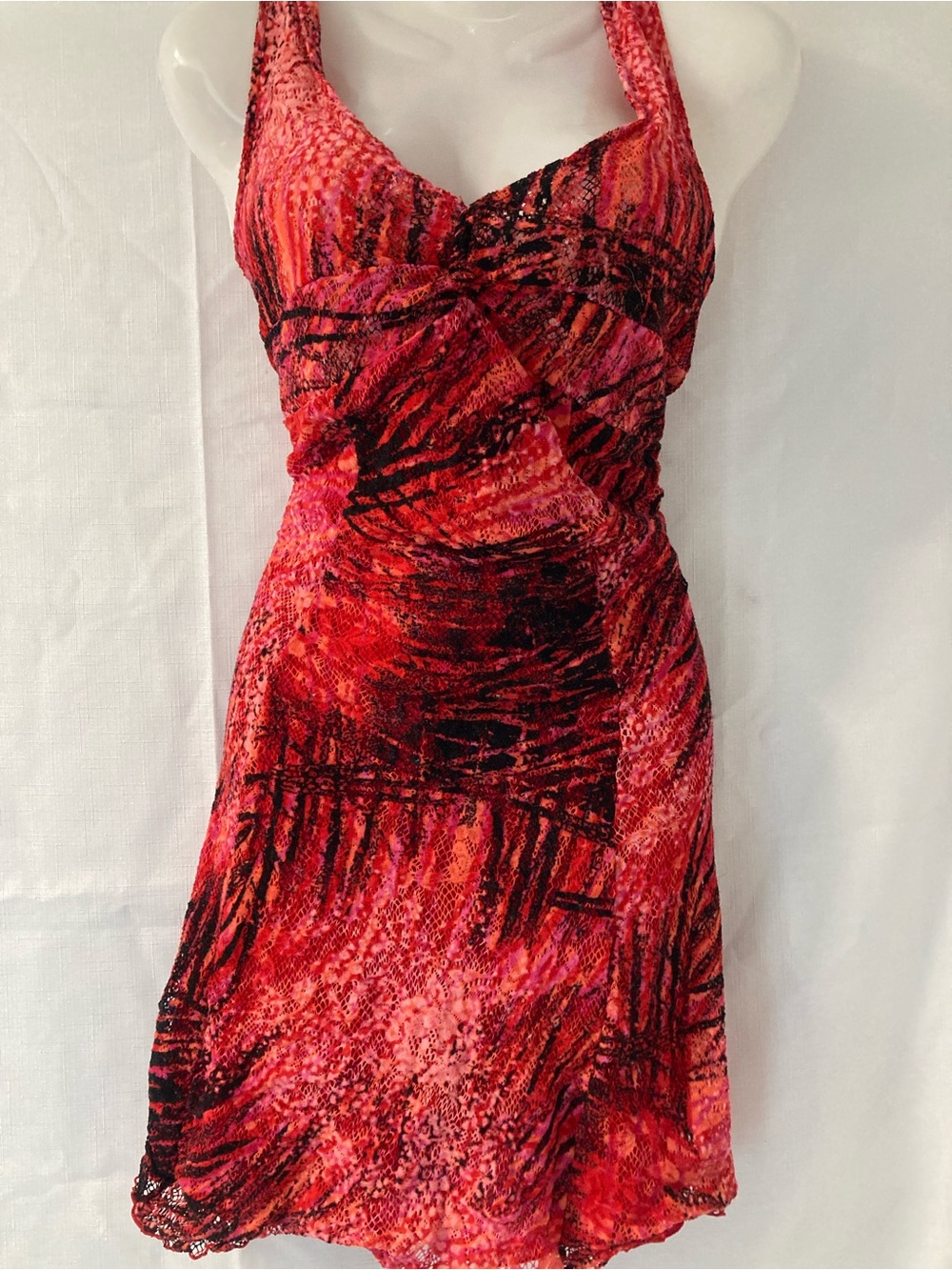 Tricotto Y2K Red Black Ruched Abstract Print Midi Dress M